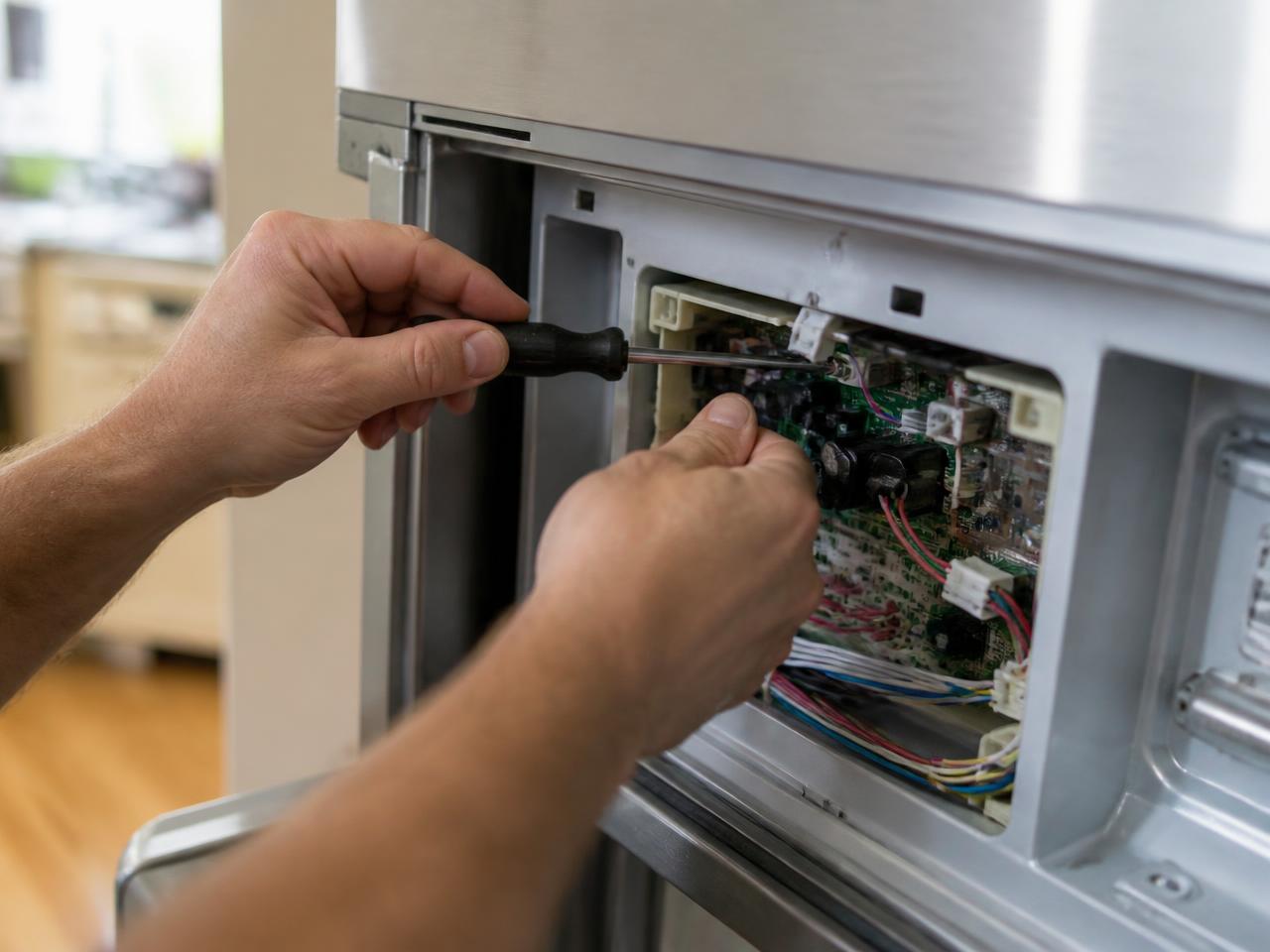 Technician diagnosing a refrigerator control board in West Alexandria Ohio